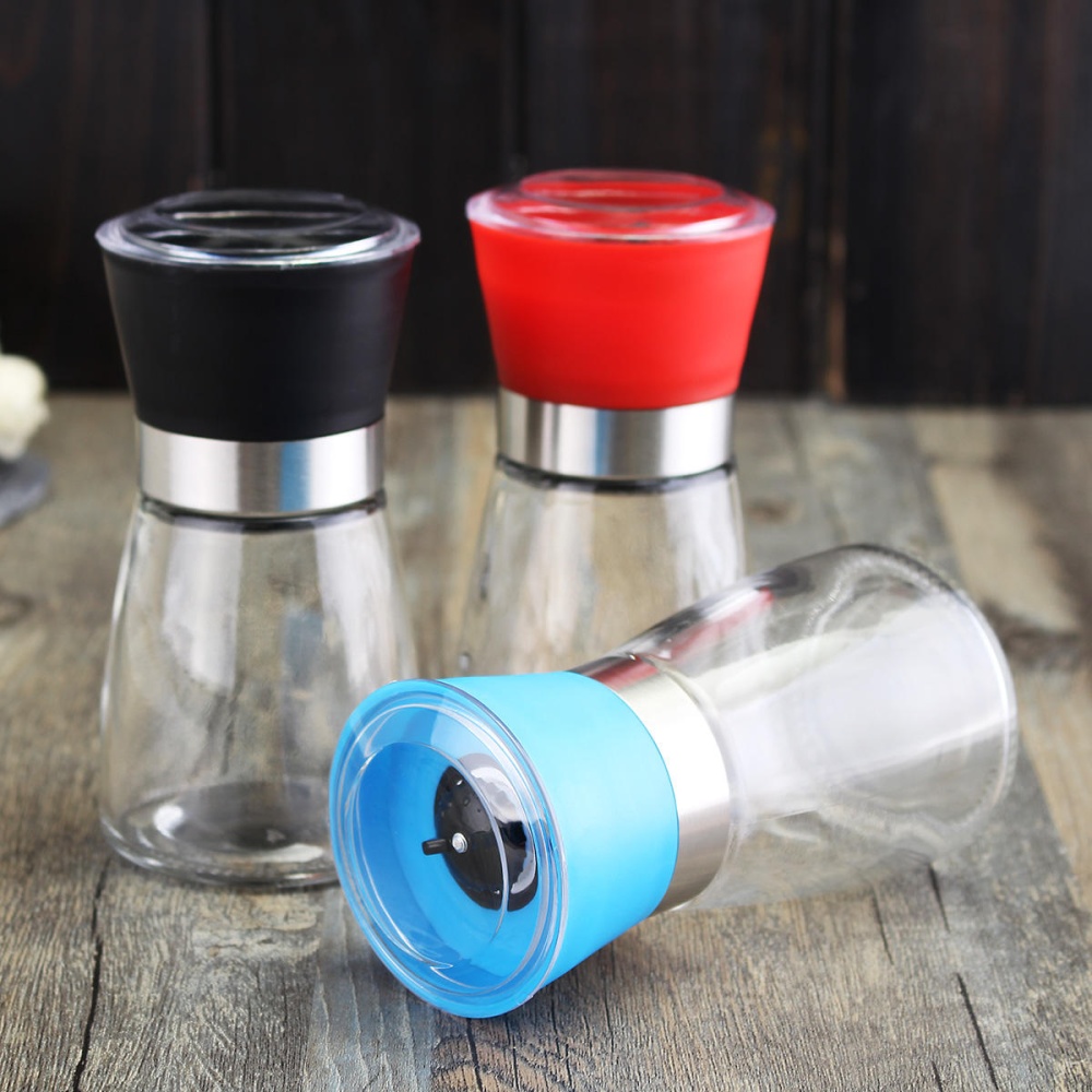 6.5×13cm Stainless Steel Manual Brushed Salt Mill Pepper Grinder Set Glass Bottles - Blue - Image 2