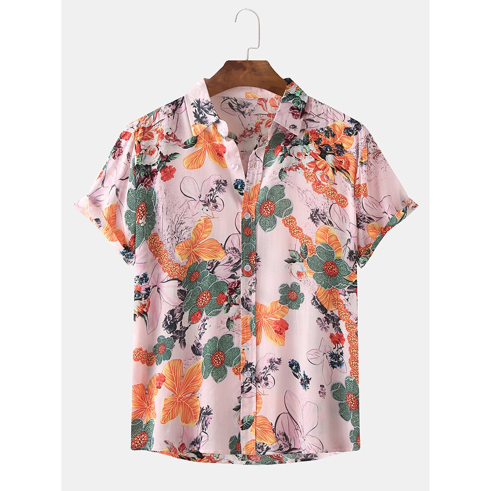 Men Floral Print Turn Down Collar Button Hawaii Holiday Short Sleeve Shirts - Pink M