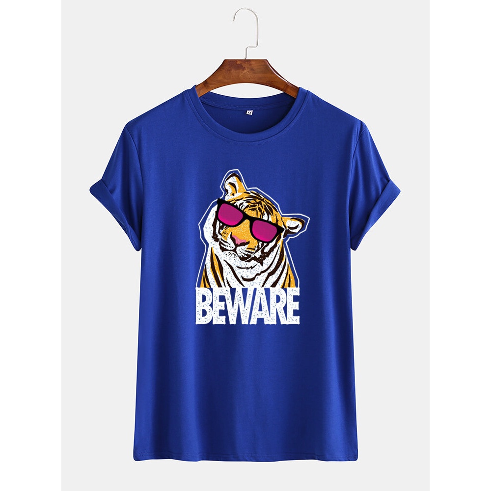Mens Funny Cartoon Cool Tiger Printed Breathable Short Sleeve T-Shirts - Black S