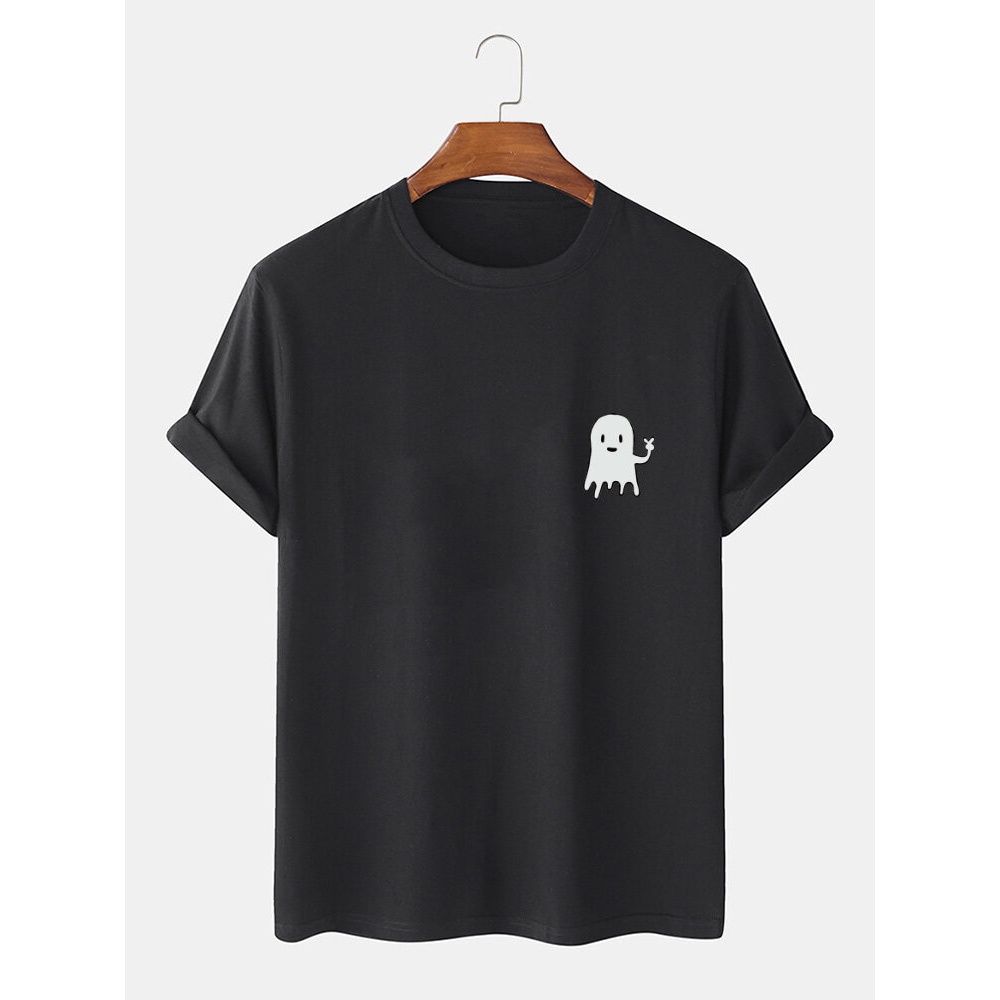 Mens  Cartoon Ghost Print Cotton Short Sleeve T-Shirts - Black S