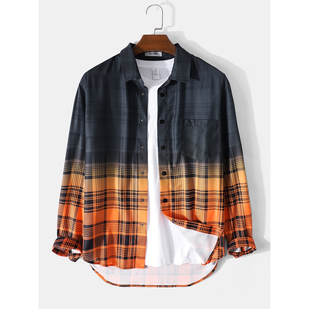 Mens Plaid Ombre Lapel Chest Pocket Casual Long Sleeve Shirts - Orange 2XL