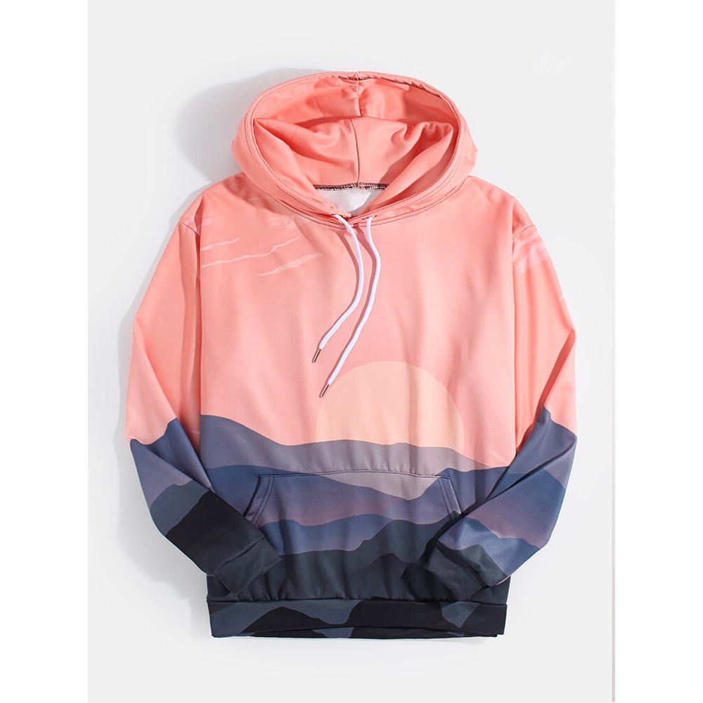 Mens Design Landscape Print Pouch Pocket Pink Hoodies - Pink L