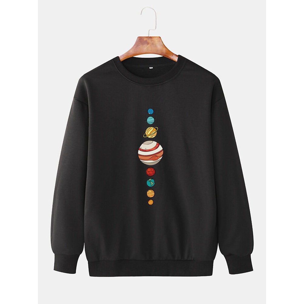 Cotton Men Simple Cartoon Planet Print Round Neck Long Sleeve Casual Sweatshirts - White 2XL