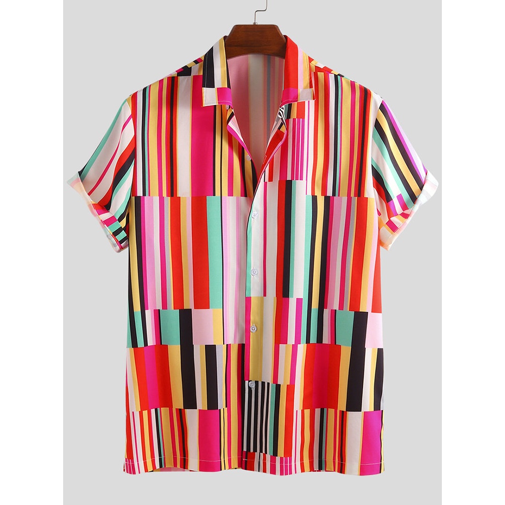 Men Colorful Striped Vision Short Sleeve Relaxed Shirts - L Blue