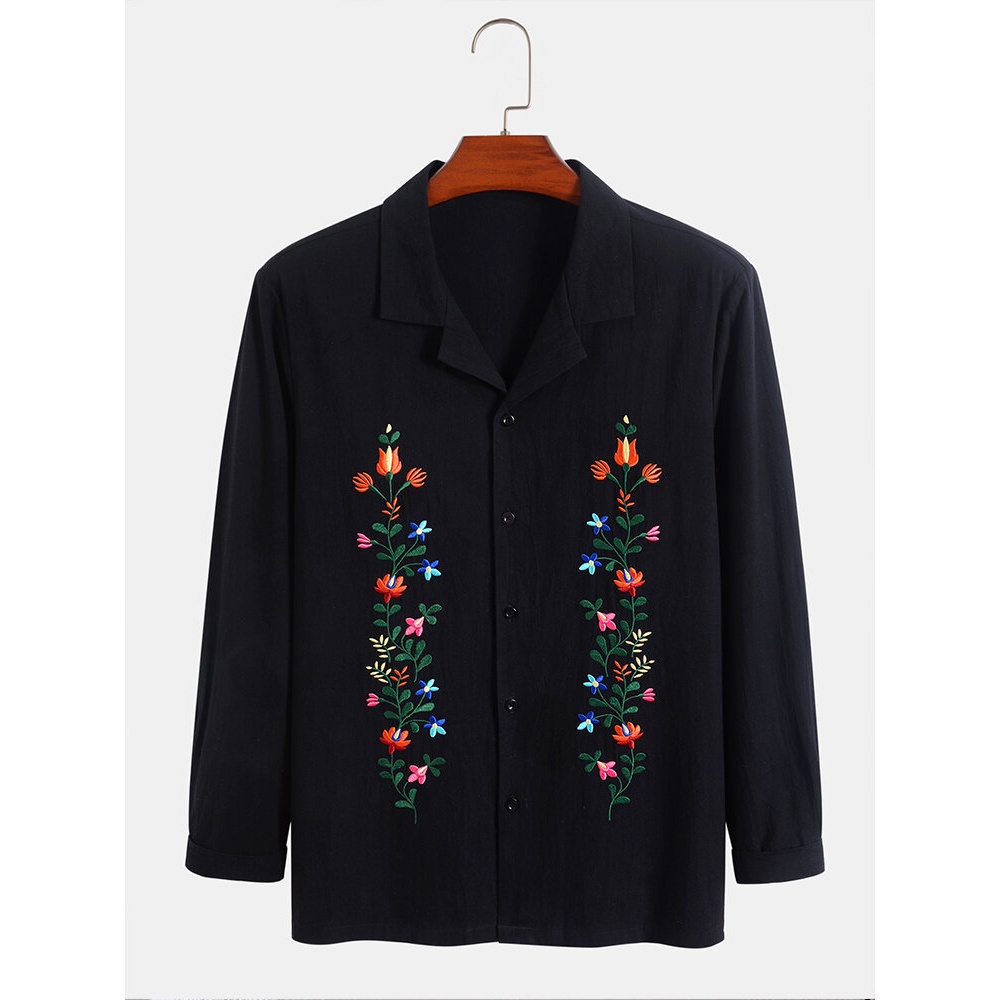 Mens 100% Cotton Vintage Flower Embroidery Casual Shirt - Black S