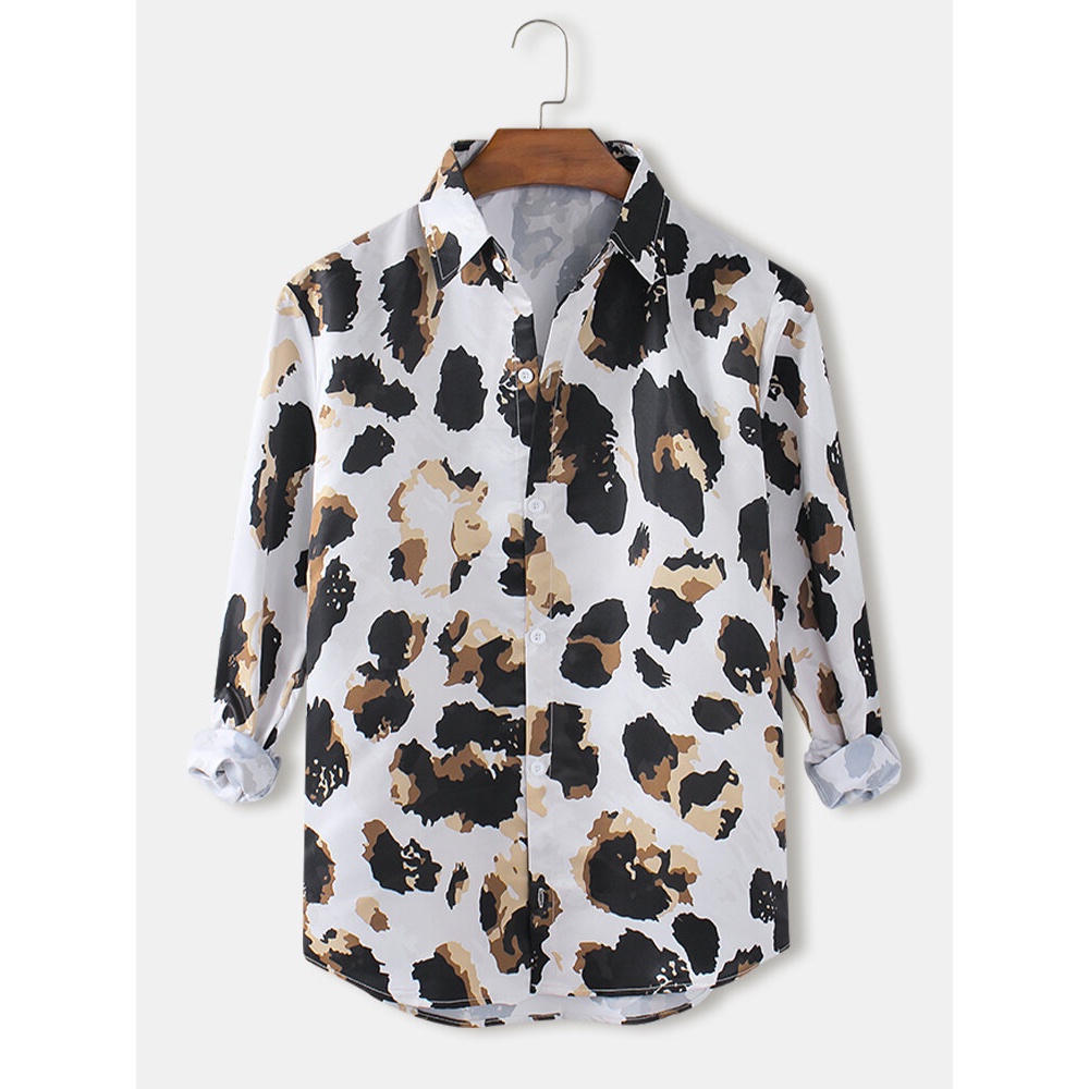 Mens Design Camouflage Print Lapel Collar Long Sleeve Casual White Shirts - White XL