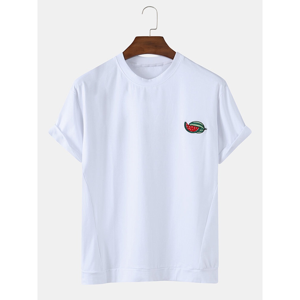 Mens Cotton Funny Cartoon Fruit Embroidered Basic Short Sleeve Breathable T-Shirts - White L