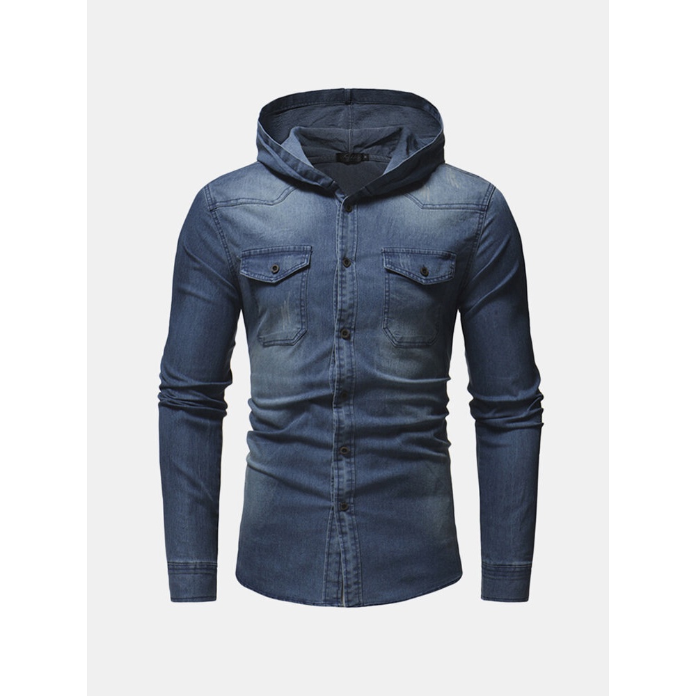 Mens Denim Chest Pocket Cotton Casual Hooded Shirt Jacket - S Black