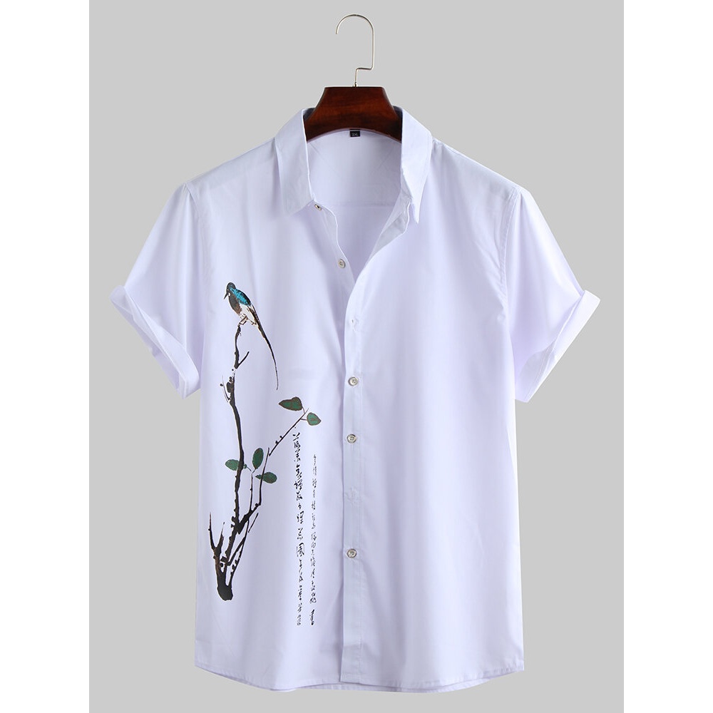 Men Oriental Art Print Short Sleeve Relaxed Shirts - S White
