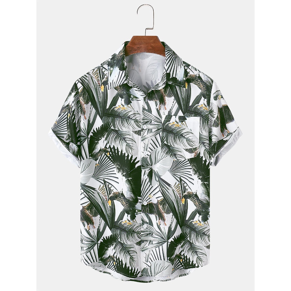 Mens All Over Tropical Plant Leaf Print Lapel Holiday Short Sleeve Shirts - Grey L