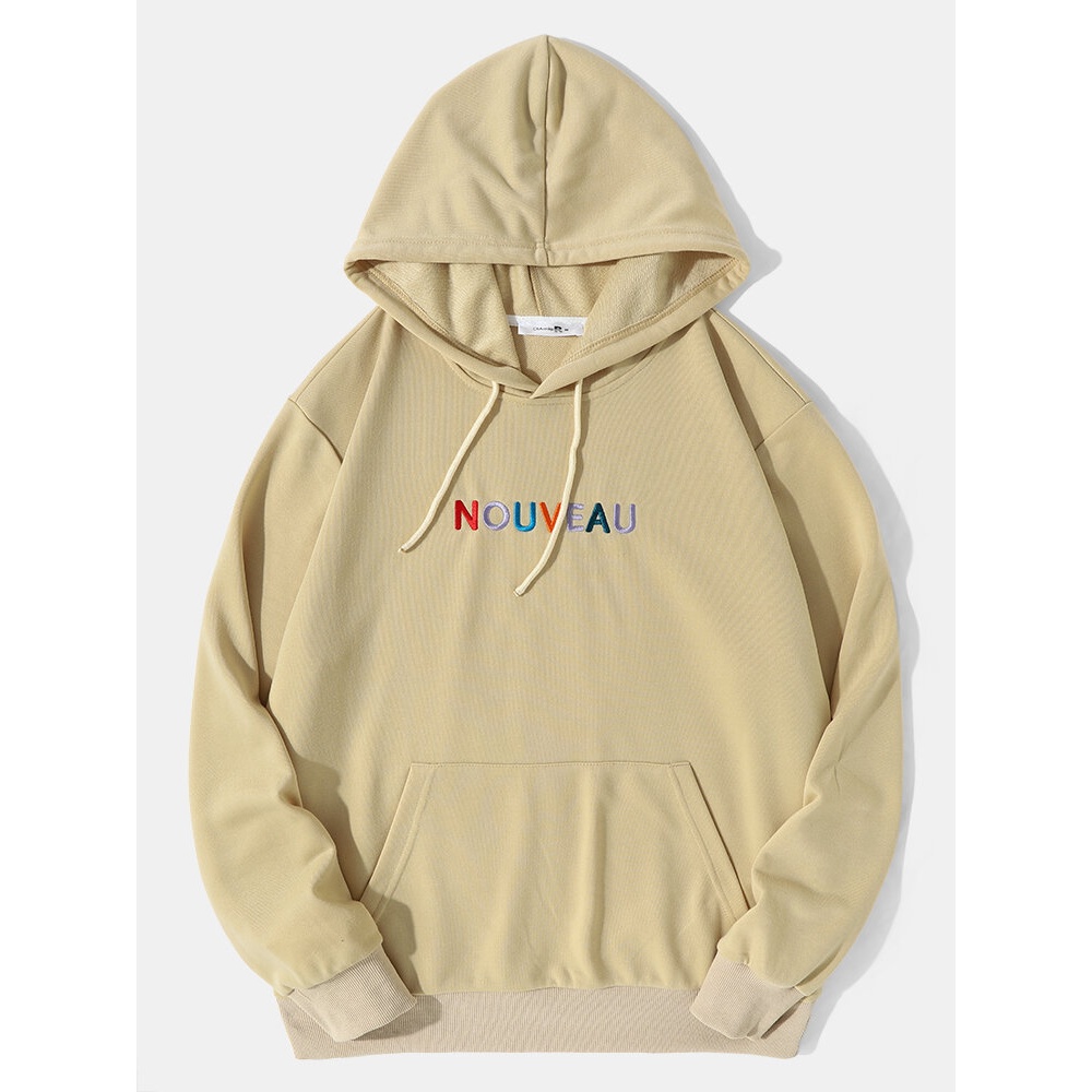 Men Letter Embroidered Drawstring Kangaroo Pocket Hooded Sweatshirt - Khaki S