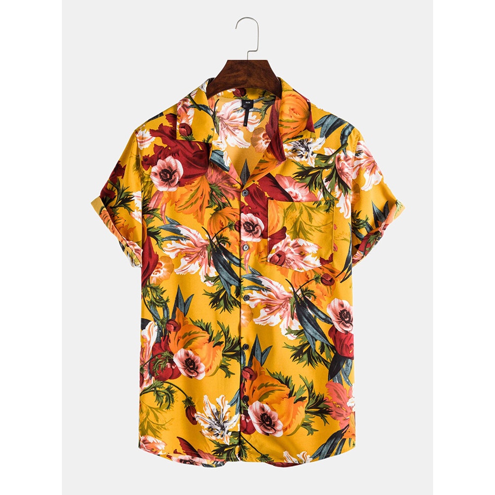 Mens Oil Painting Floral Printed Holiday Chest Pocket Short Sleeve Lapel Colalr Shirts - White M