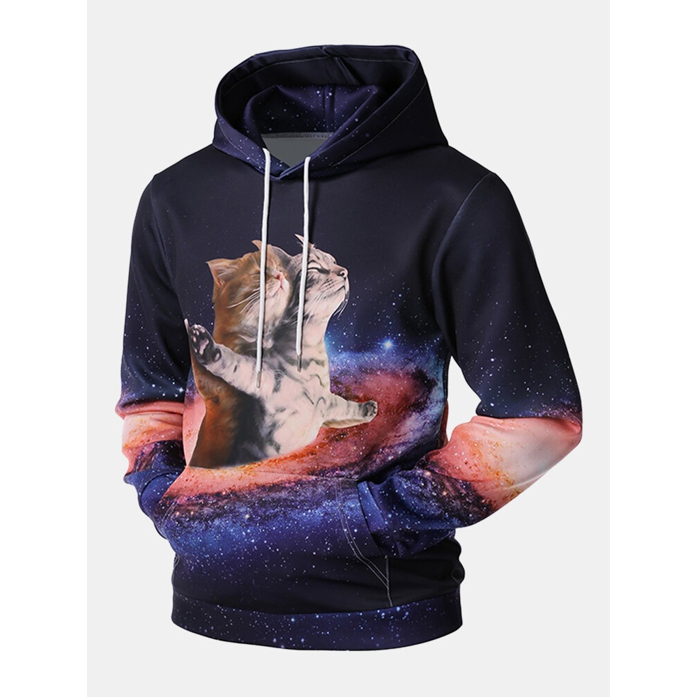 Mens Funny 3D Cat Pattern Galaxy Print Long Sleeve Pouch Pocket Design Hoodies - M Black