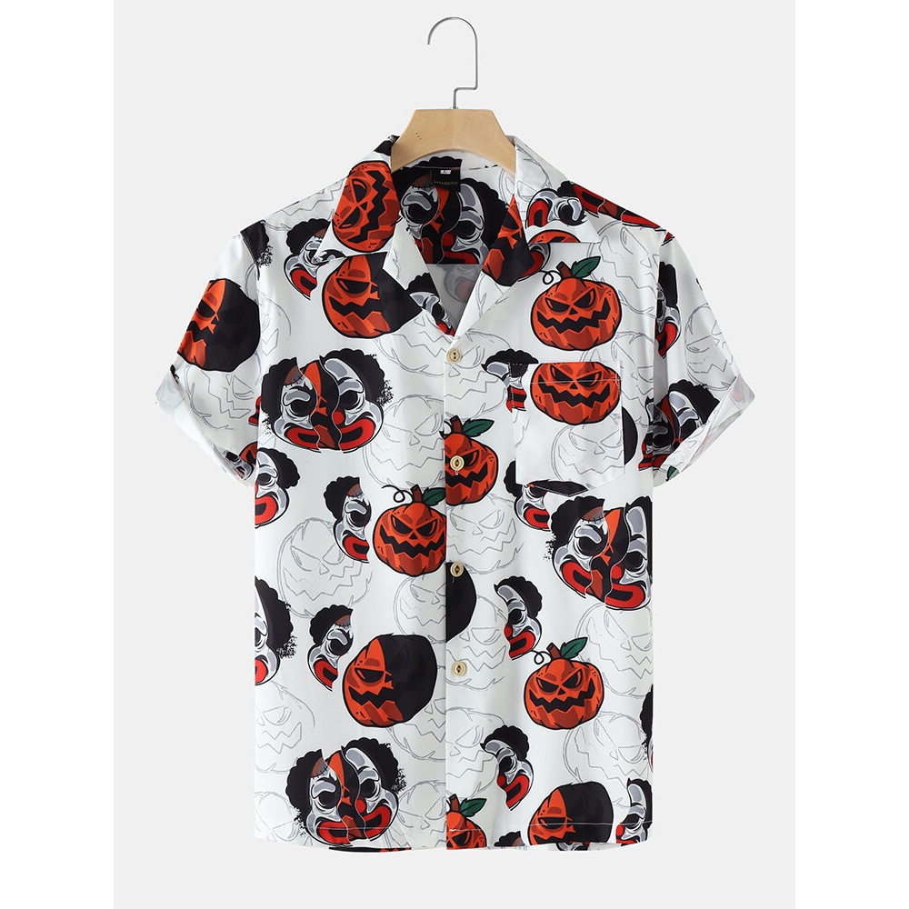 Mens Street Funny Pumpkin Print Revere Collar Shirts - White M