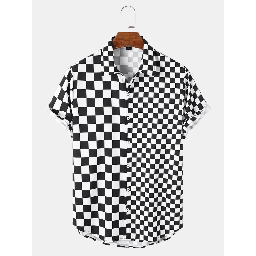 Mens Fashion Checkerboard Plaid Patchwork Casual Shirts - Black XL