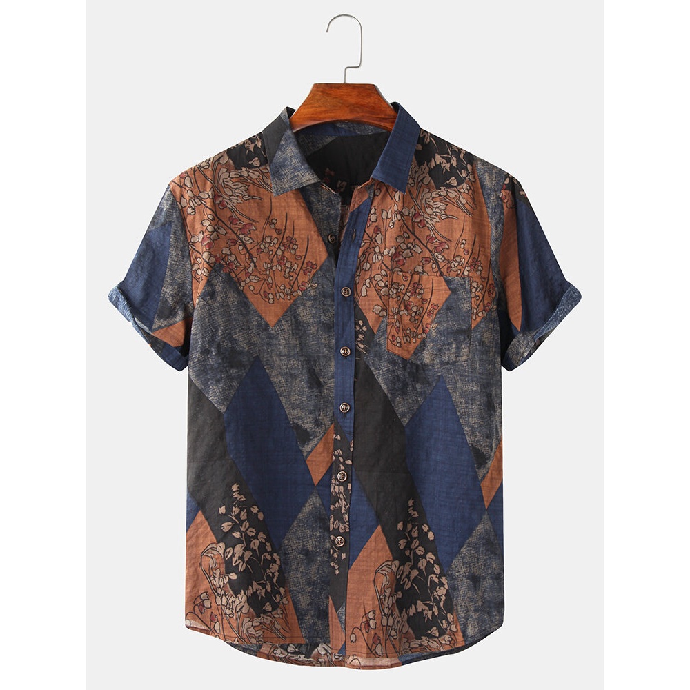Mens Vintage Floral Geometric Print Button Lapel Short Sleeve Casual Shirt - Blue XL