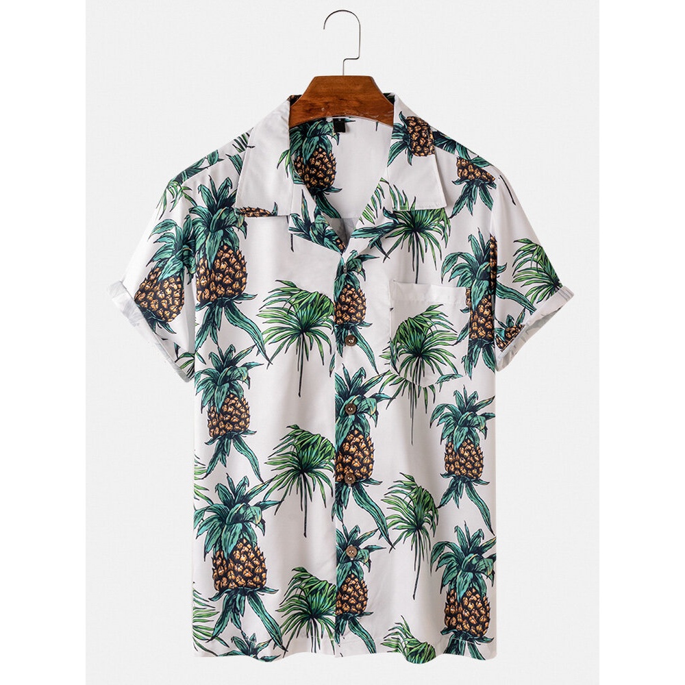 Casual Pineapple Plant Print Chest Pocket Mens White Short Sleeve Shirts - White S