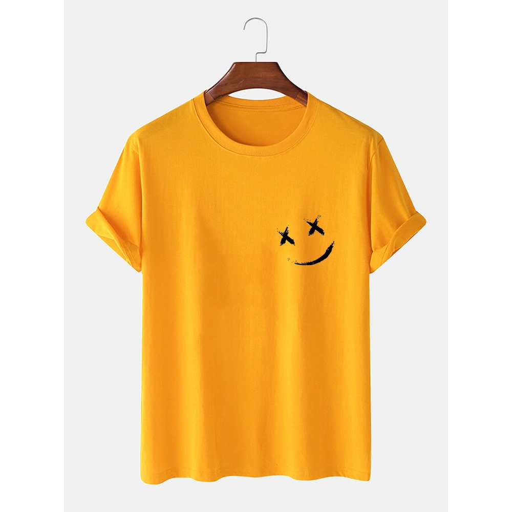Mens Smile Chest Print O-Neck Casual Loose Short Sleeve T-Shirt - Black S
