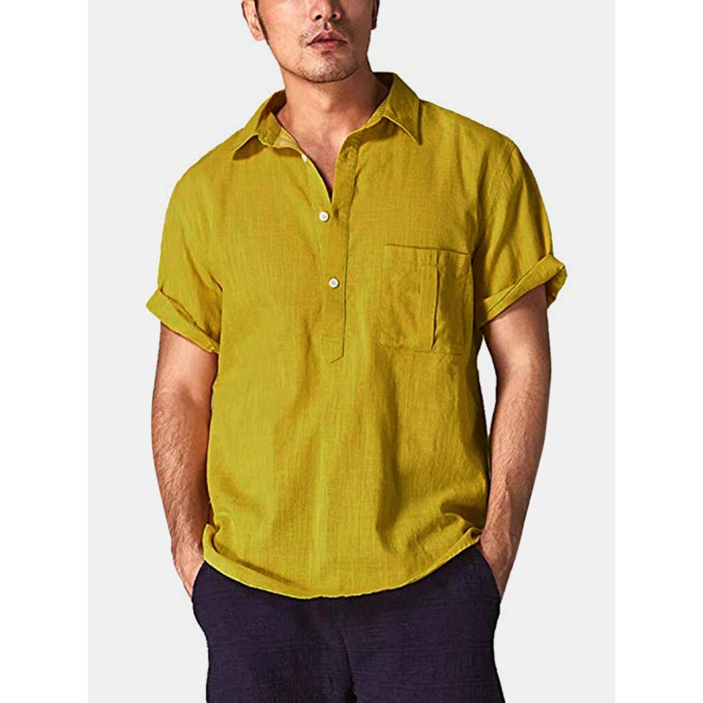 Mens Vintage Casual Solid Color Chest Pocket Summer Shirts - S White