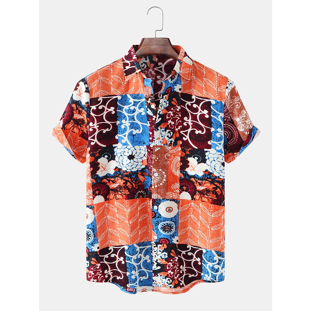 Mens Floral Mixed Print Patchwork Lapel Short Sleeve Holiday Casual Shirt - Orange S