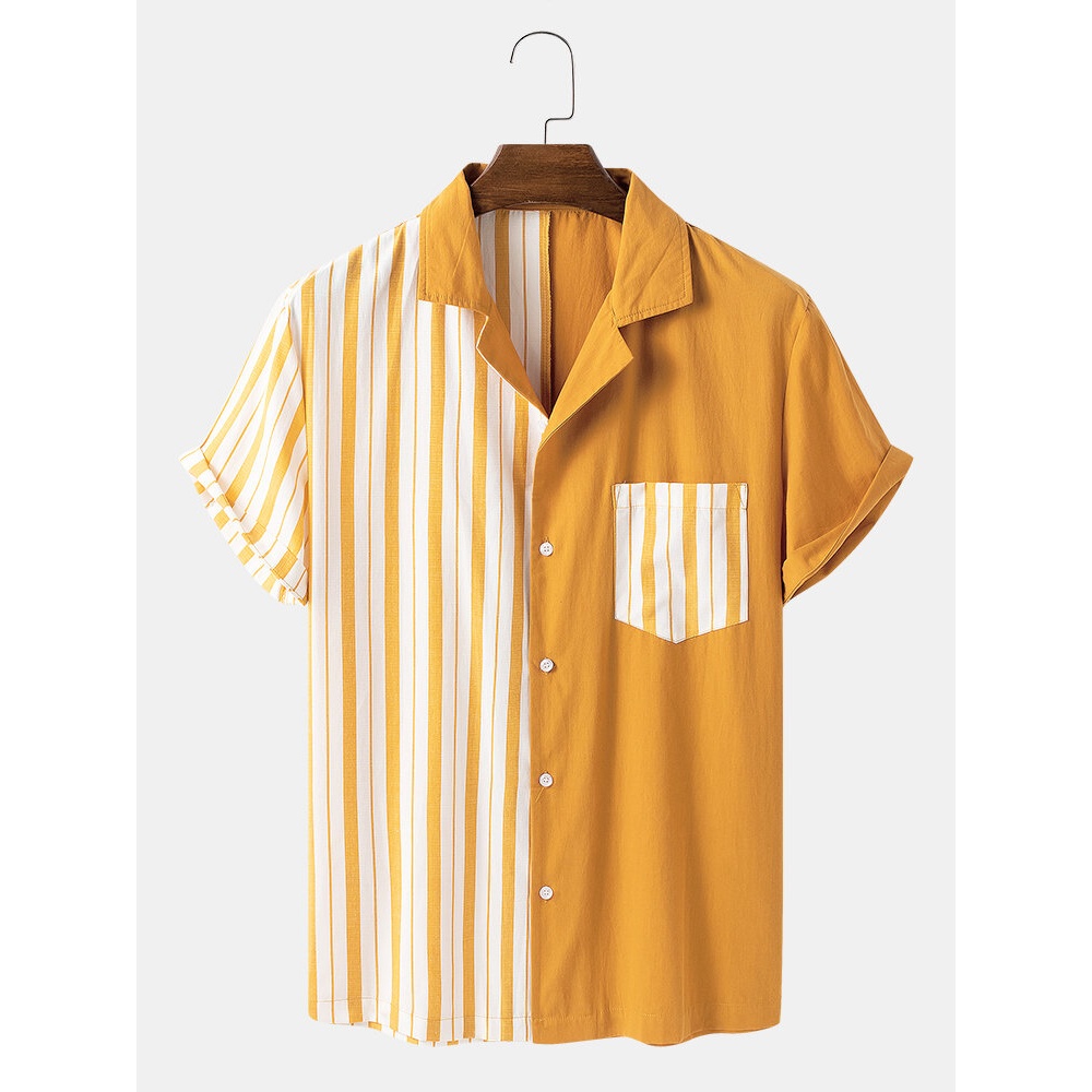 Mens 100% Cotton Patchwork Revere Collar Short Sleeve Shirts - Yellow S