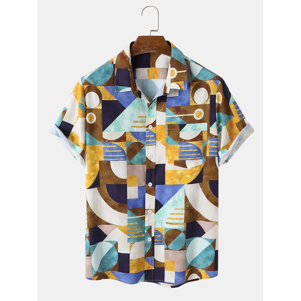 Mens Casual Colorblock Pocket Short Sleeve Shirts - Yellow S