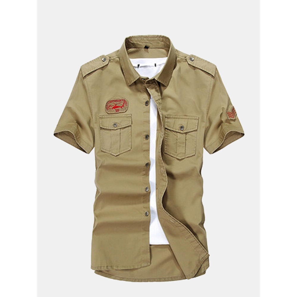 Men Plus Size Double Pocket Turn-down Collar Short Sleeve Cotton Casual Outdoor Shirt - 2XL Khaki