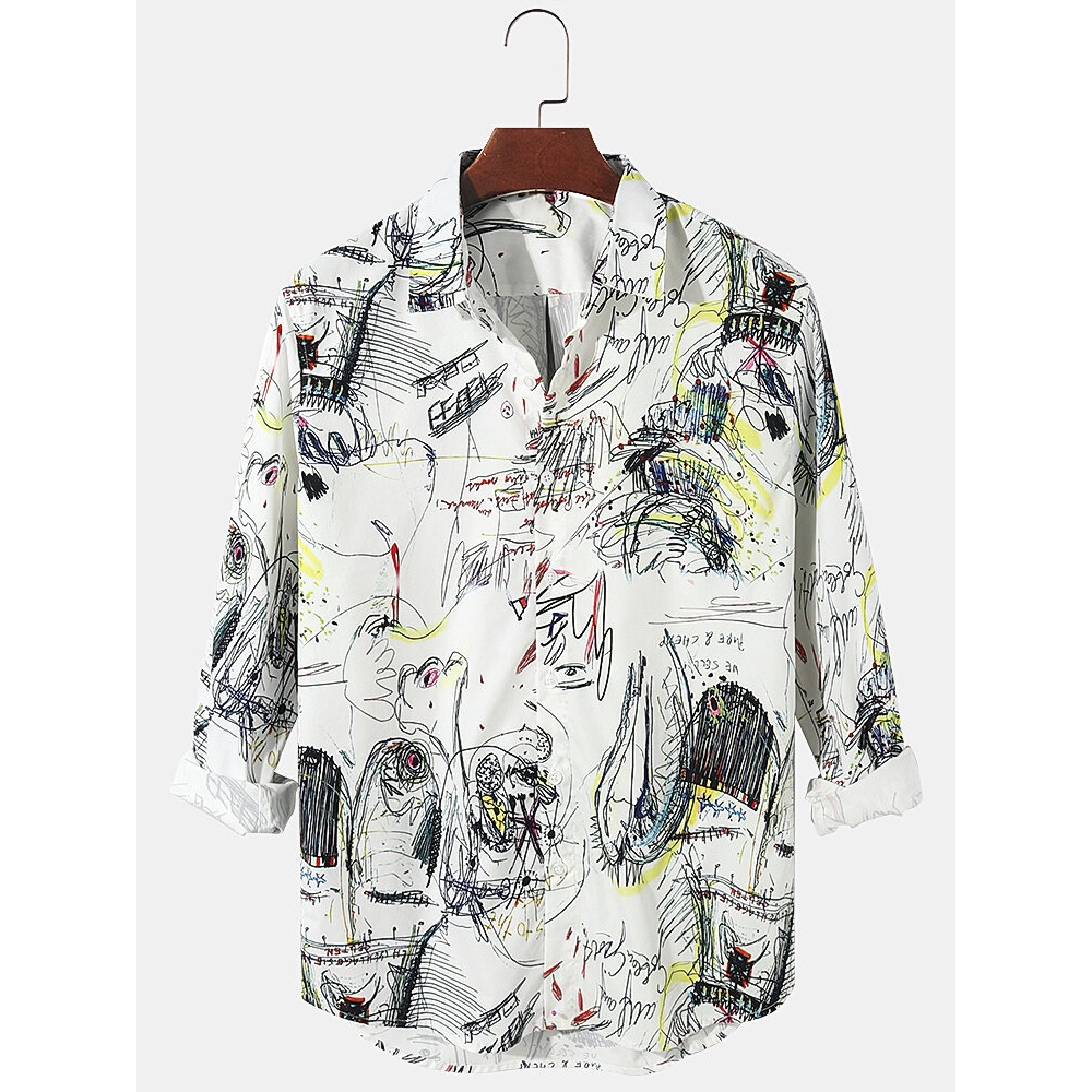 Mens Pattern Graffiti Printed Curve Bottom Lapel Casual Long Sleeve Shirts - White S