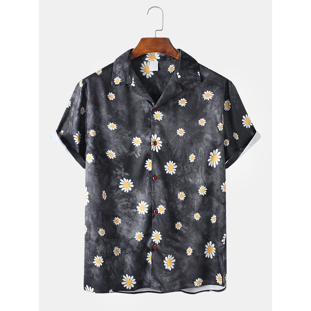 Mens New Fashion Flower Print Turn Down Collar Short Sleeve Shirts - Black L