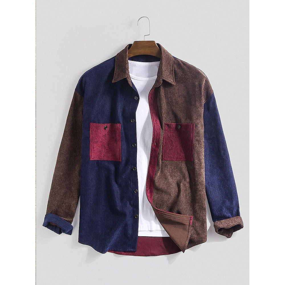 Mens Corduroy Patchwork Double Pockets Long Sleeve Casual Shirts - 3XL Blue