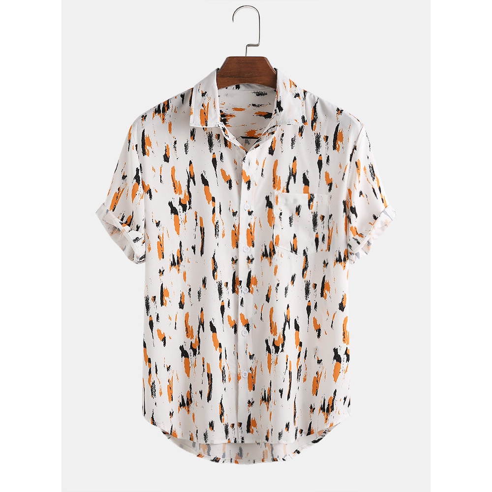 Mens Cool Graffiti Chest Pocket Short Sleeve Shirts - Yellow M