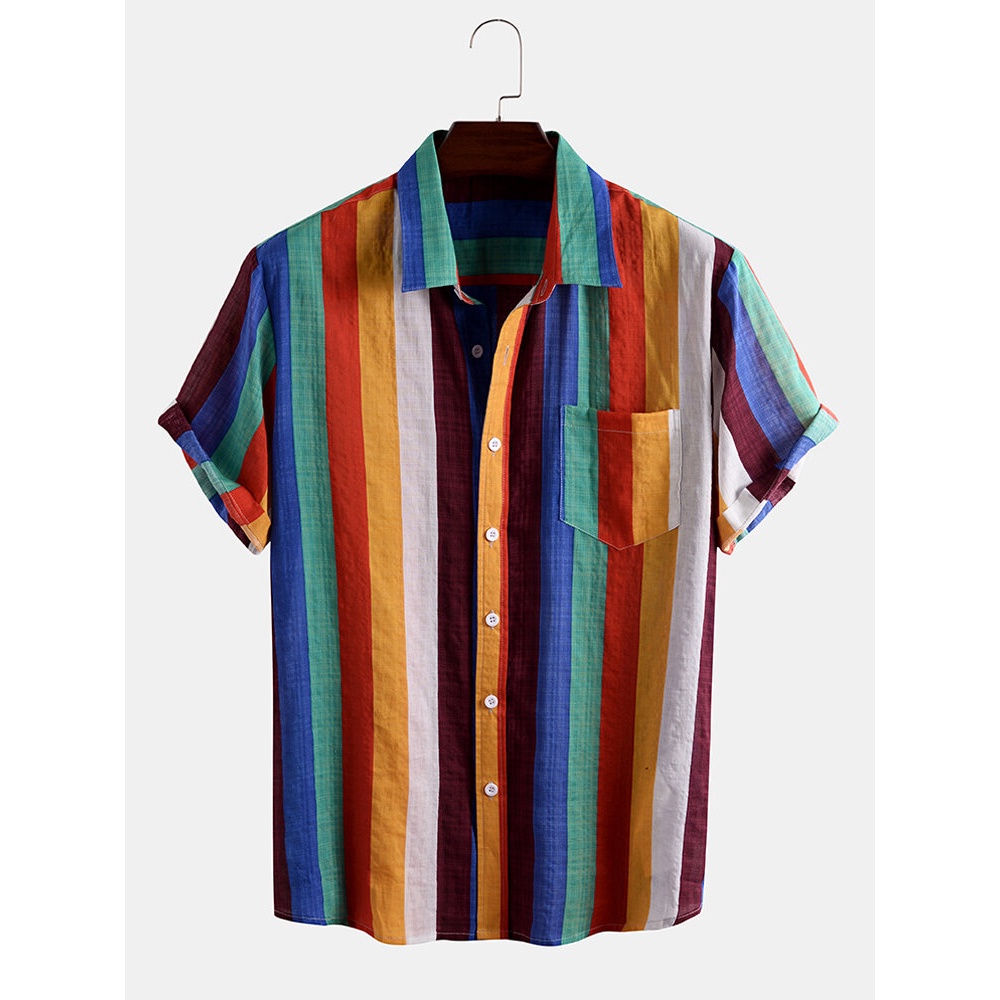 Men Colorful Stripe Rainbow Print Short Sleeve Holiday Casual Shirts - Yellow XL