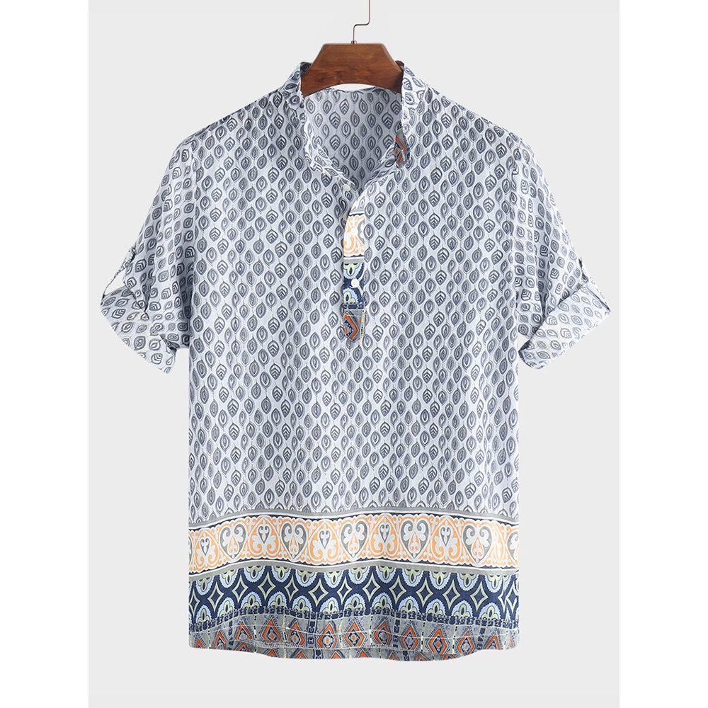 Mens Ethnic Style Printed Half Sleeve Loose Casual T-shirts - L Red