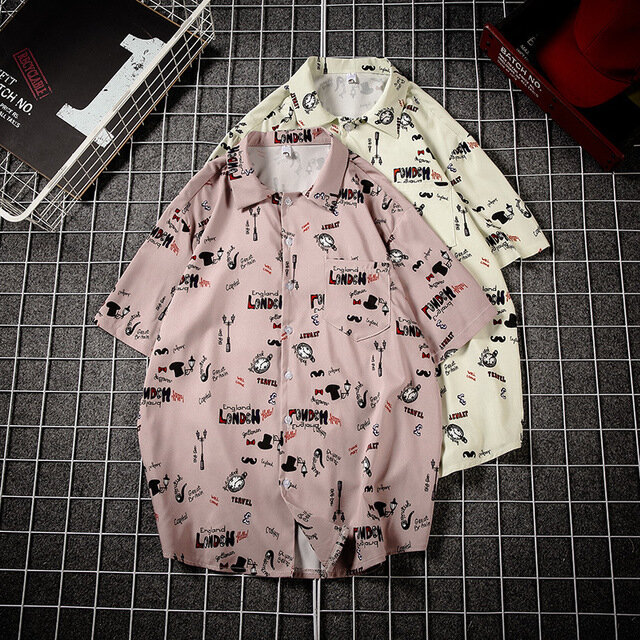 Men Printing Short-sleeved Shirt Youth Male Flower Shirts - 2XL Brown