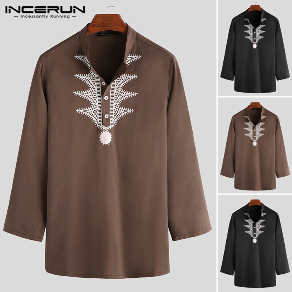 Men's African Patchwork Printed Long Sleeve Top Shirts - S Black