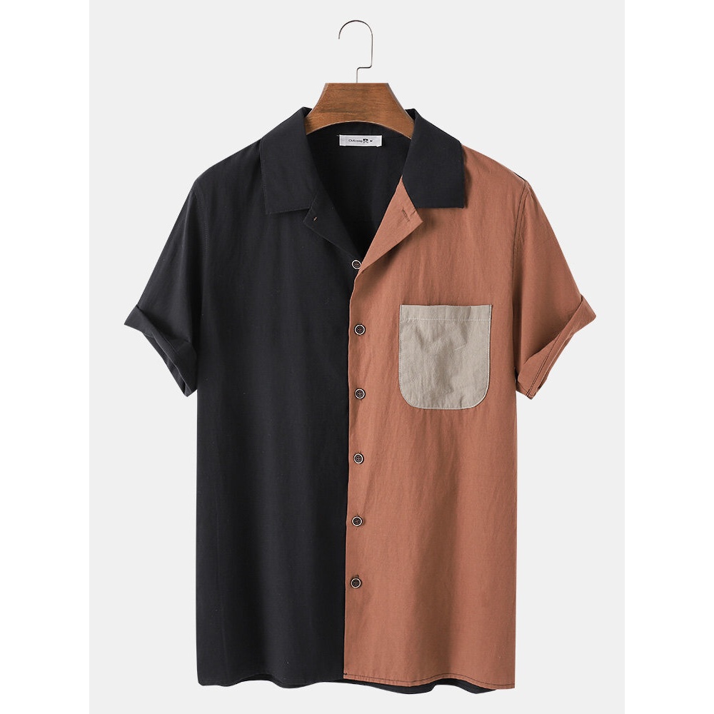 Mens 100% Cotton Patchwork Revere Collar Short Sleeve Shirts - Blue M