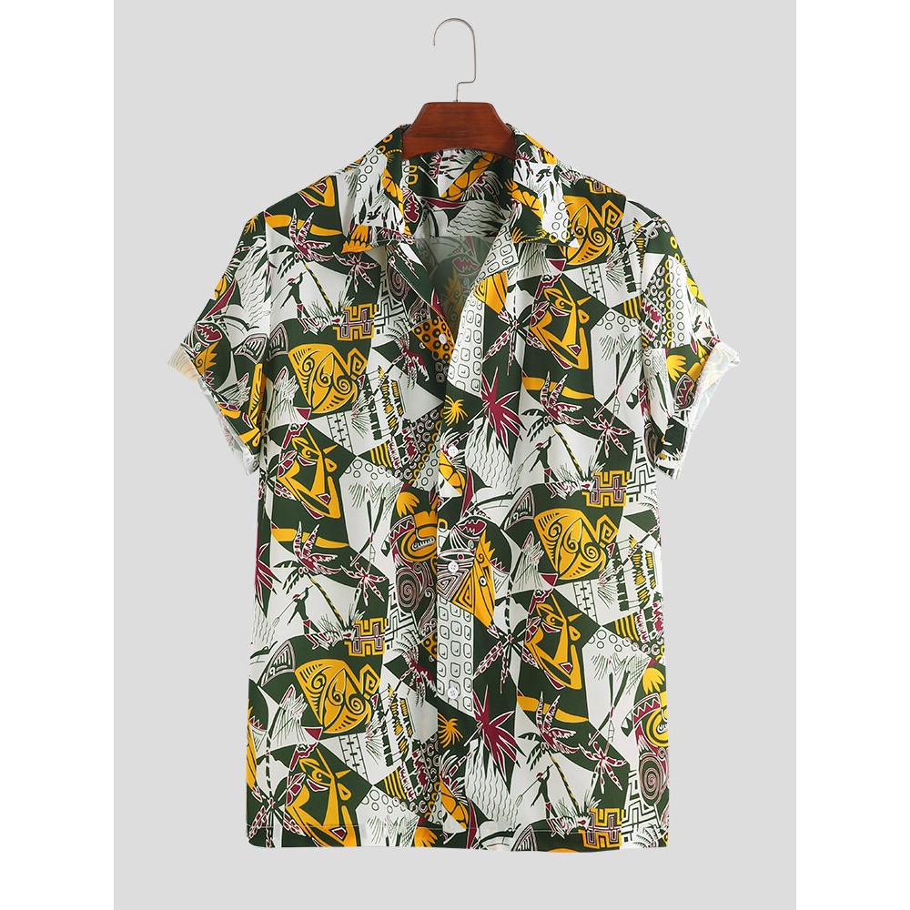 Mens Summer Funny Colorful Pattern Printed Ethnic Casual Shirts - XL Cyan