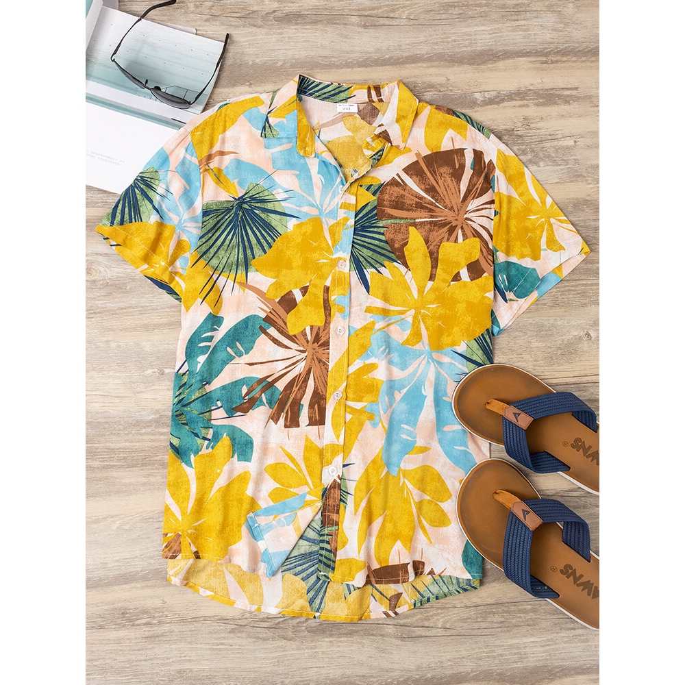 Men Color Block Leaves Print Turn Down Collar Hawaii Beach Casual Short Sleeve Shirts - Yellow S