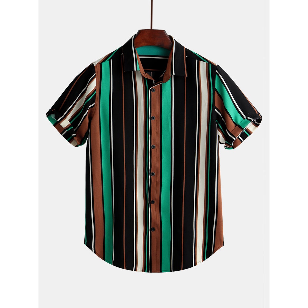 Mens Colorful Stripe Short Sleeve Casual Holiday Shirts - L Colorful