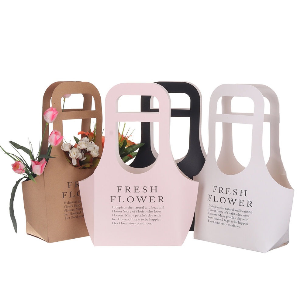 Folding Flower Boxes Paper Floral Wrapping Party Wedding Gift Handle 10Pcs/Set - Brown