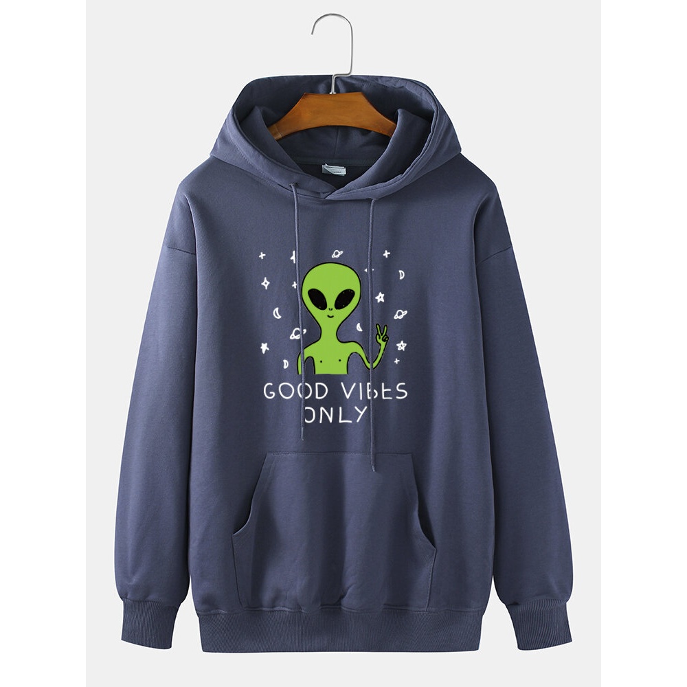 Mens Cartoon Alien Pattern Letter Print Long Sleeve Hoodies With Pocket - White M