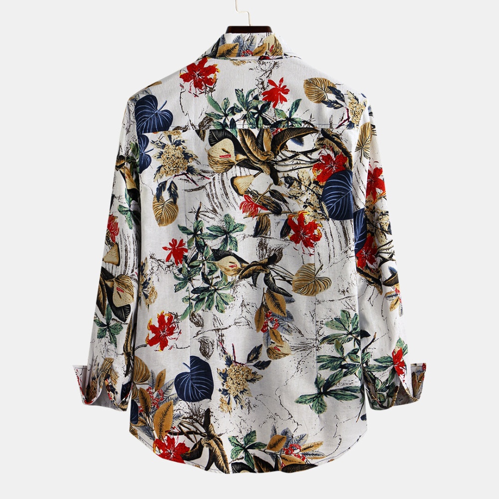 Mens Fashion Flax Leaves Floral Printed Long Sleeve Shirts - XL White - Image 2