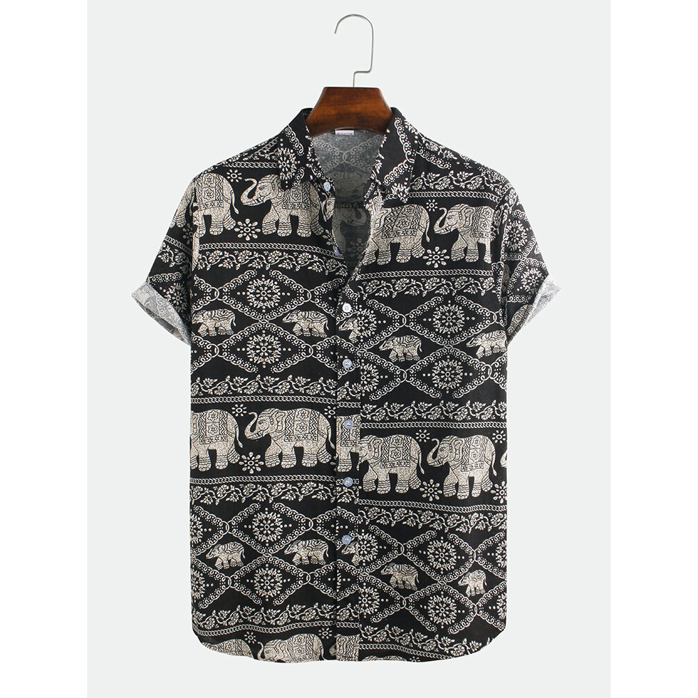 Mens Ethnic Elephant Printed Short Sleeve Casual Shirts - S As Picture