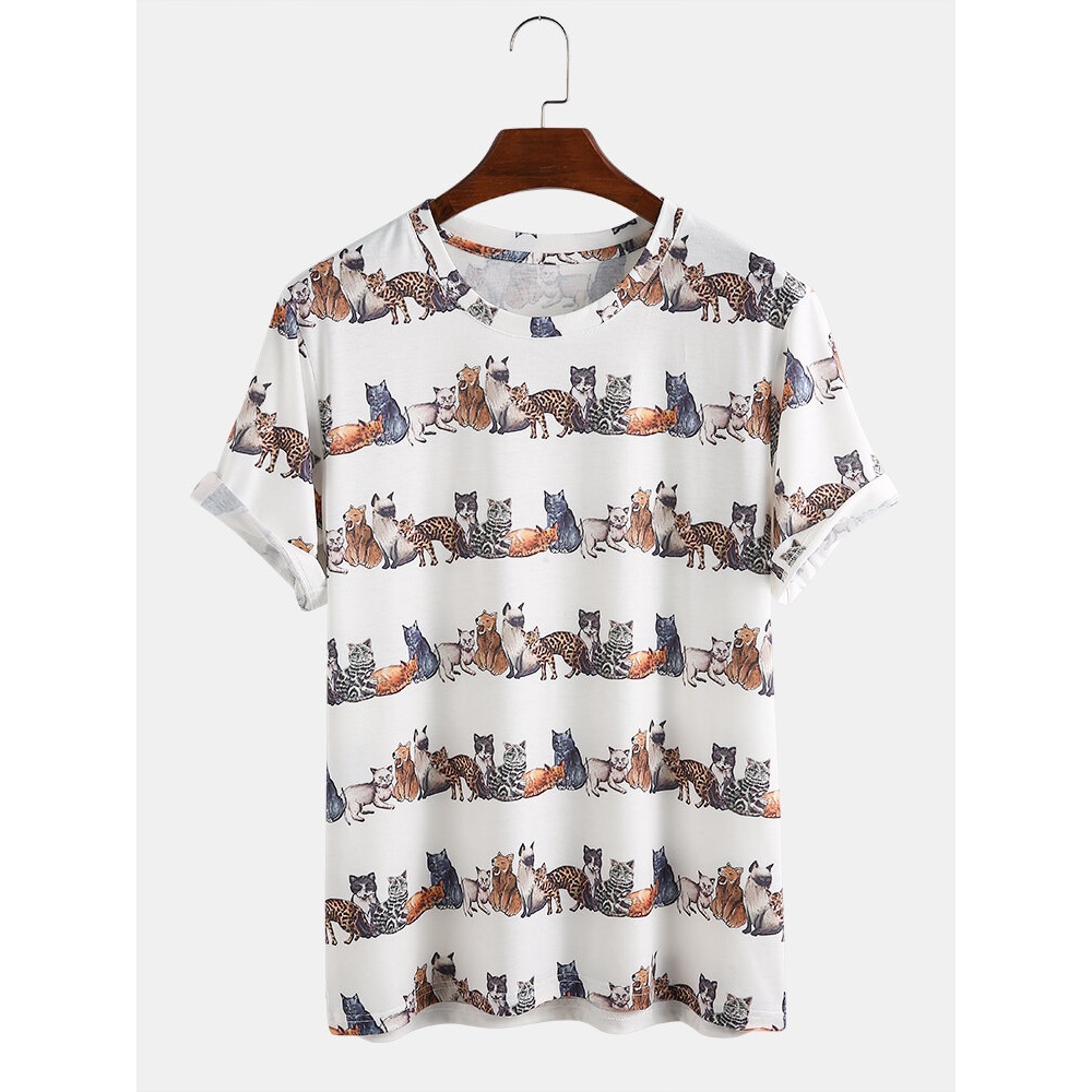 Mens Classical Oil Print Foxes Cartoon O-neck T-shirts - White L