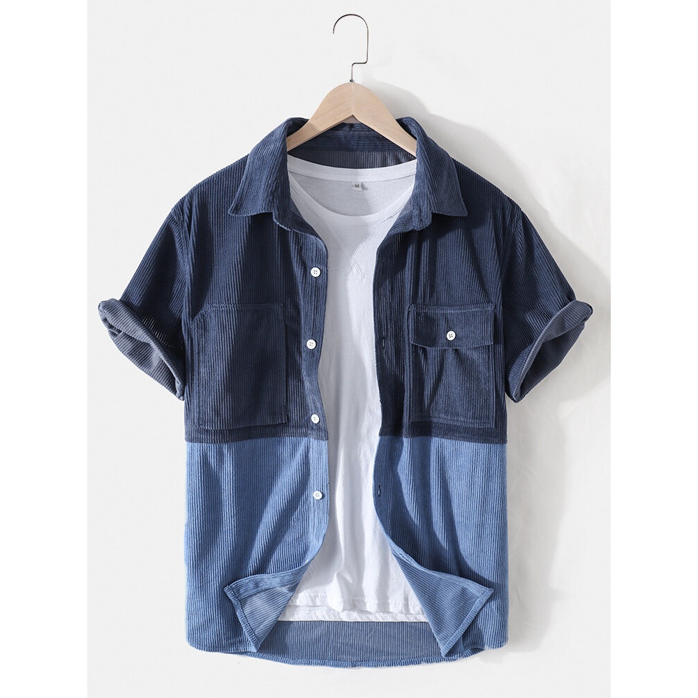 Mens Patchwork Corduroy Lapel Fit Short Sleeve Shirts With Flap Pocket - Green XL