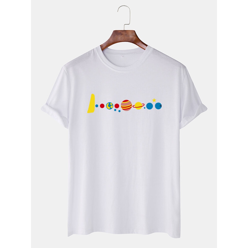 Mens Cartoon Planet Print Round Neck Casual Short Sleeve T-Shirts - Dark Blue XL