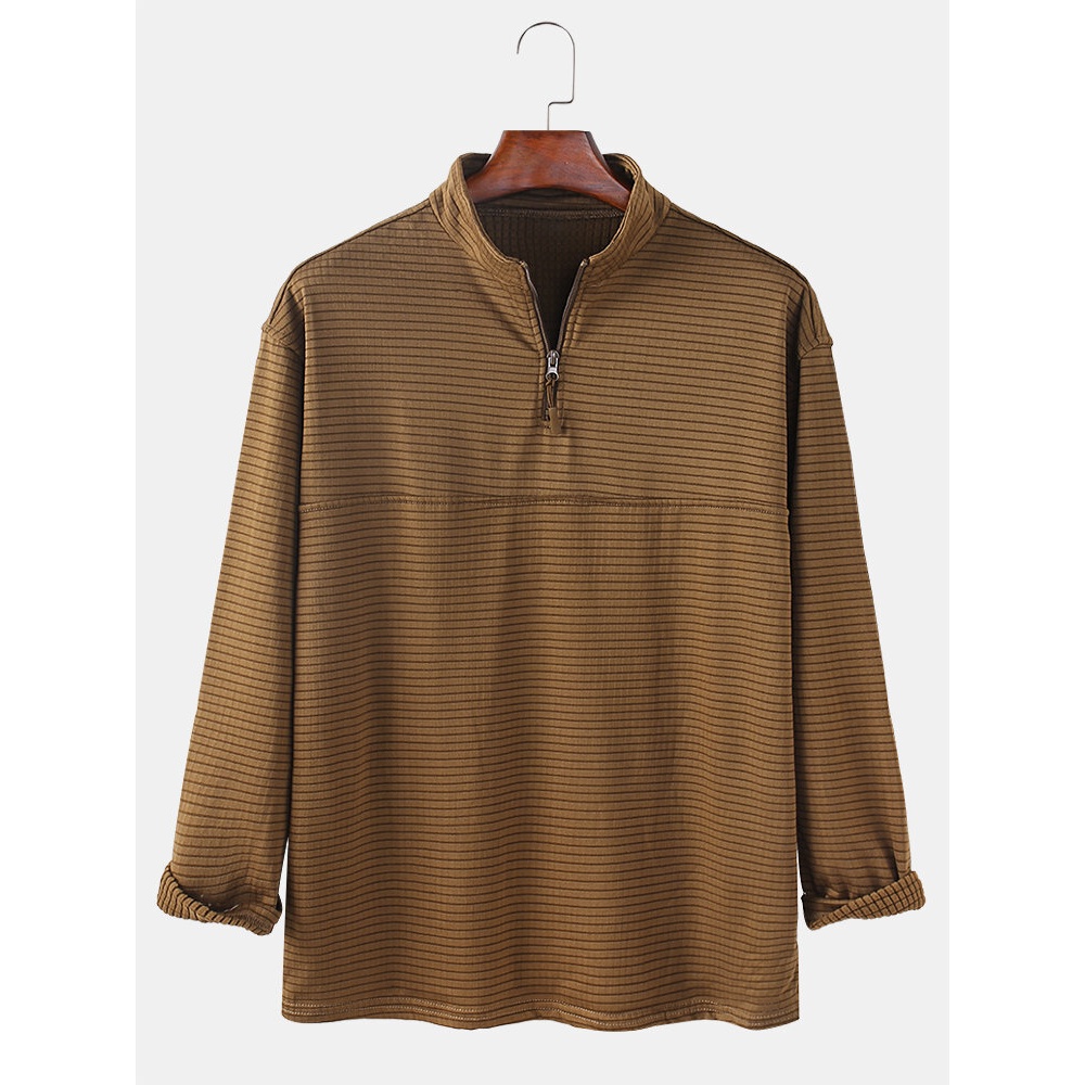 Mens Stripe Long Sleeve Half Zipper Casual Henley Shirts - Grey S