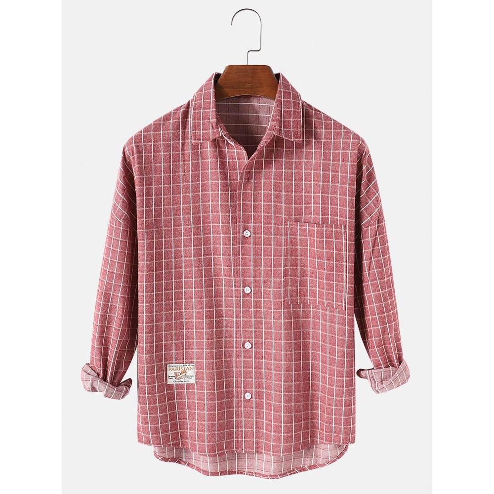 Mens Gingham Loose Long Sleeve High Low Hem Shirts With Pocket - Red S