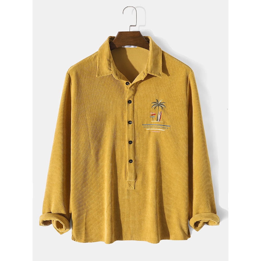 Men Corduroy Embroidery Long Sleeve Buttons Henley Shirts - Yellow S