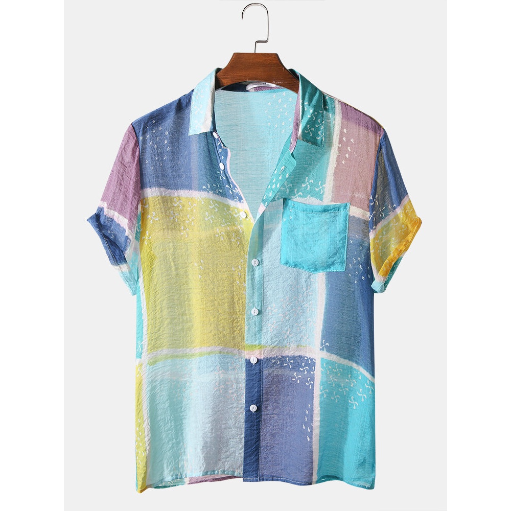 Color Block Light Breathable Chest Pocket Short Sleeve Soft Casual Shirts - Pink M